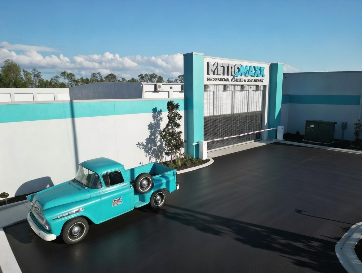 MetroMaxx RV and Boat Storage entrance with secure gate and vintage turquoise pickup truck parked outside the facility in Fort Myers, Florida.