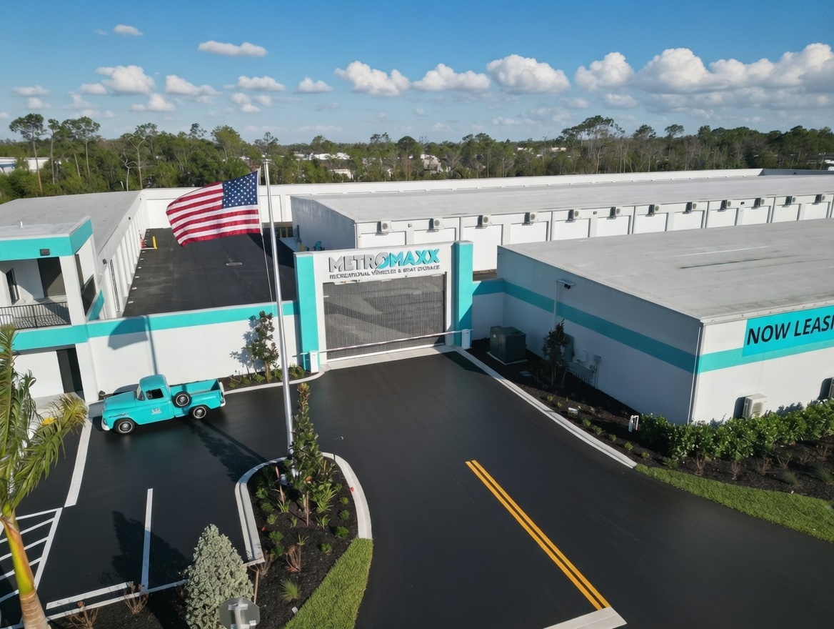 Driveway entrance to MetroMaxx RV and Boat Storage showing secure gated access, American flag, landscaped entrance, and climate-controlled RV and boat storage buildings in Fort Myers.