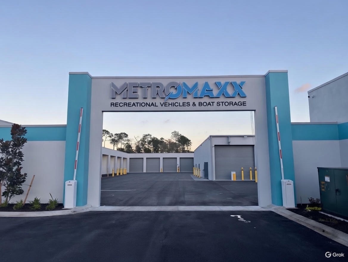 Front gated entrance of Metro-Maxx RV and boat storage facility with controlled access, wide drive lanes, and climate-controlled storage buildings in Fort Myers, Florida