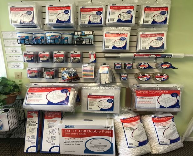 plastic dust covers, plastic wrap, gloves, tape and locks Packing supplies and locks available for purchase
