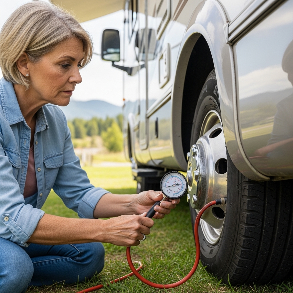 RV Owner Checking Tire Pressure in Cheyenne, WY