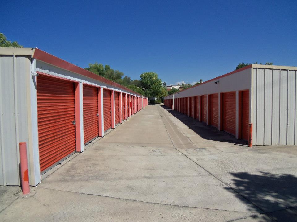View of wide aisles between storage buildings at Sentry Storage 201 Folsom Dam Rd