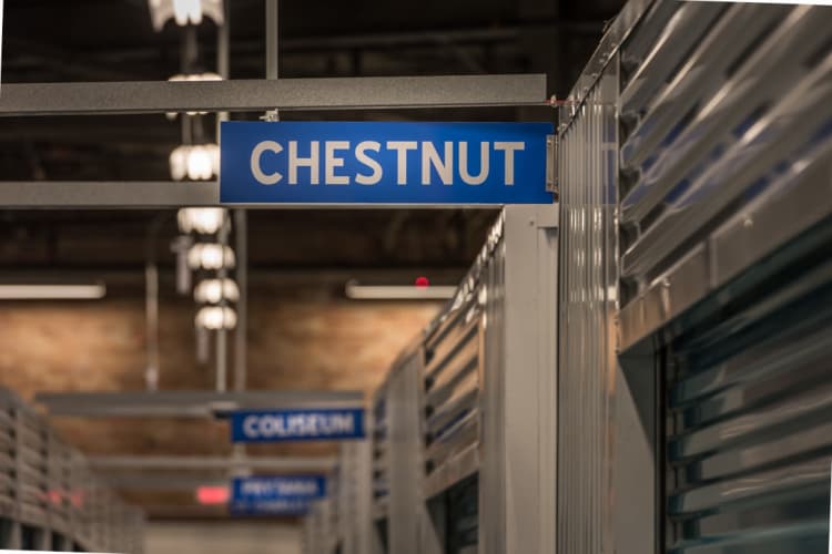 self storage building hallway in new orleans, la with location sign that reads "chestnut"