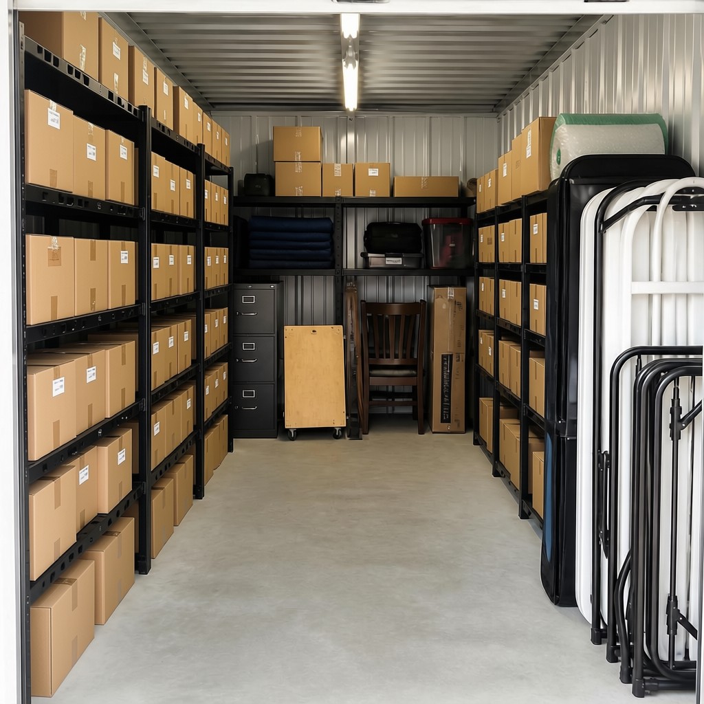 a view of a clean unit with boxes stacked in an organized way a view of a clean unit with boxes stacked in an organized way