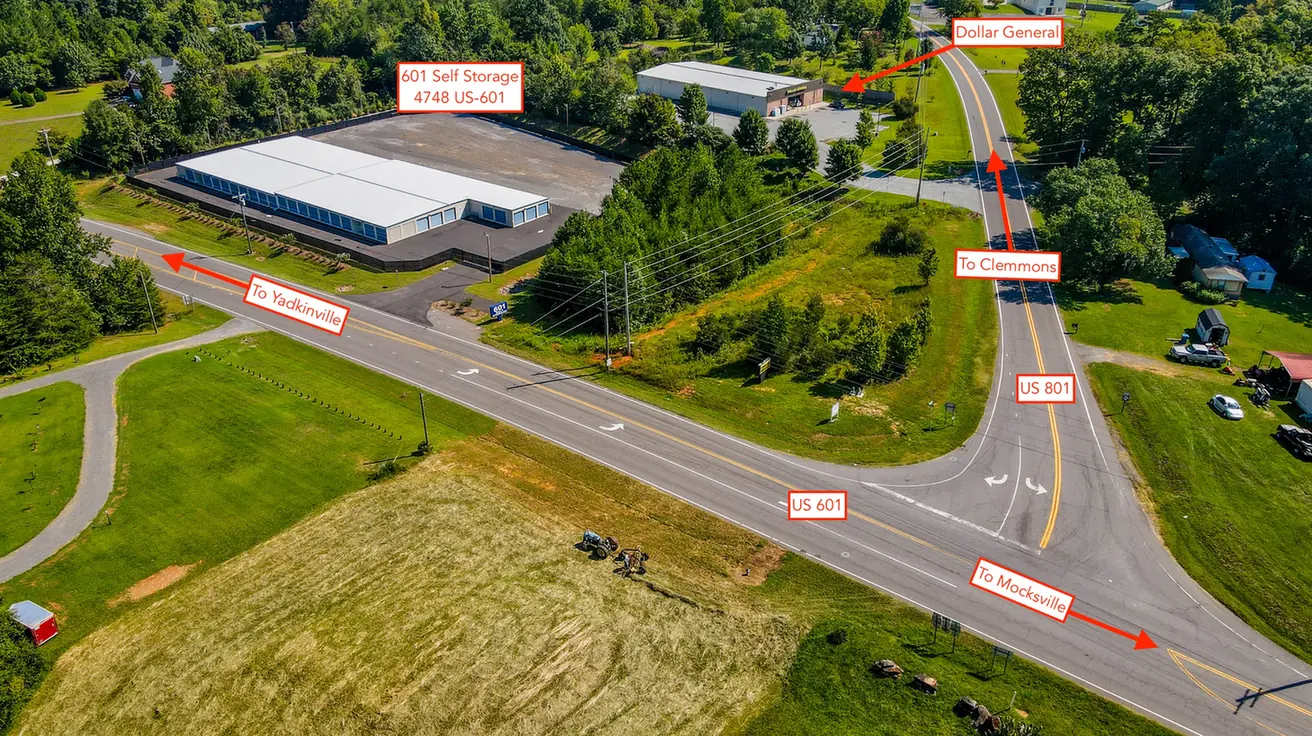 Aerial view of 601 Self Storage next to the Dollar General at US-601 and NC-801 in Mocksville Aerial view of 601 Self Storage next to the Dollar GeAerial view of 601 Self Storage next to the Dollar General at US-601 and NC-801 in Mocksvilleneral at US-601 and NC-801 in Mocksville