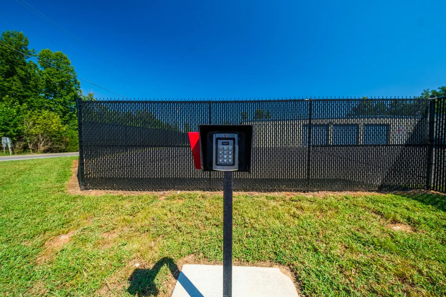 Gate keypad at the 601 Self Storage entrance, where tenants enter the gate code they choose at checkout