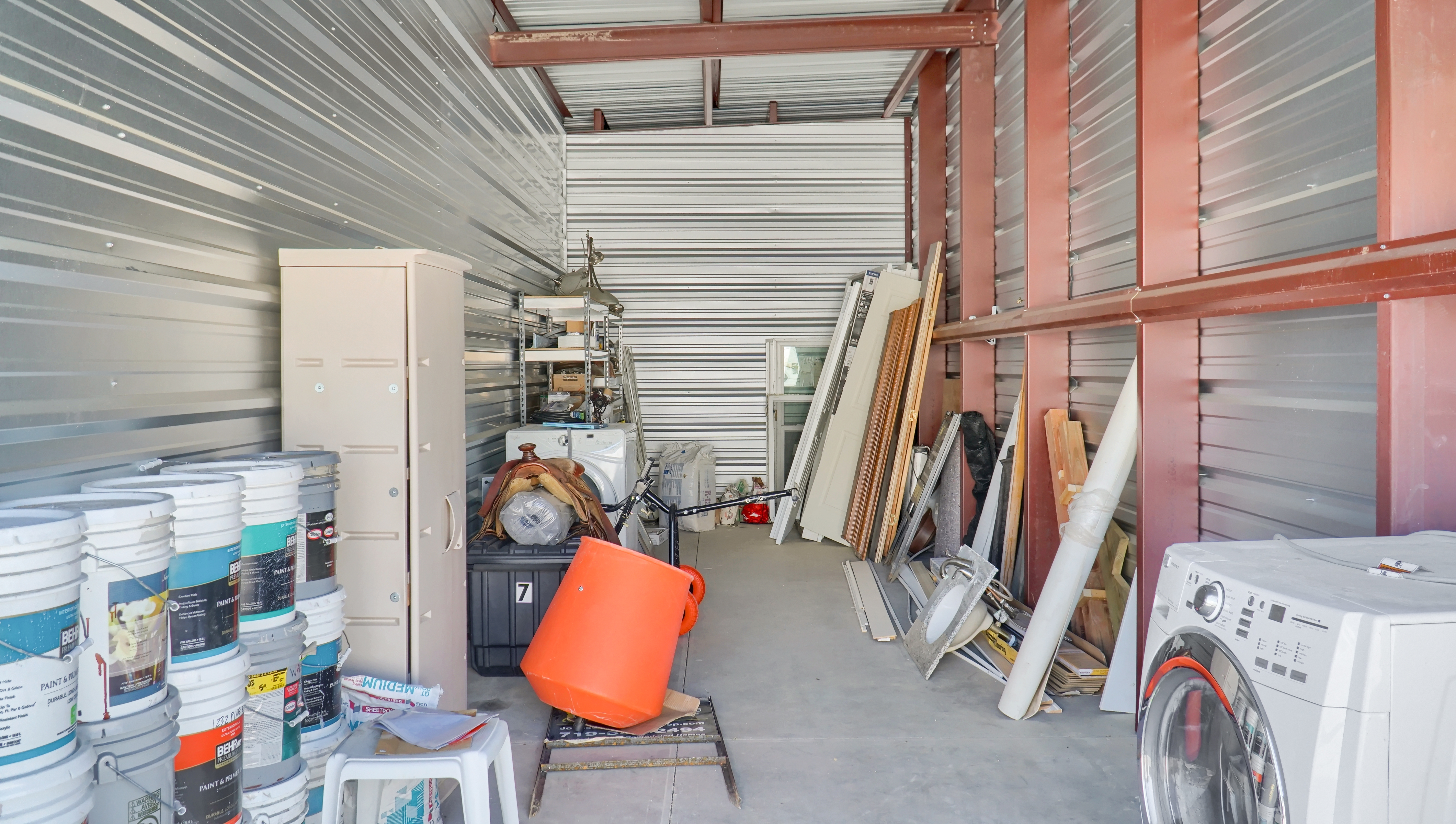 inside a storage unit with home improvement tools