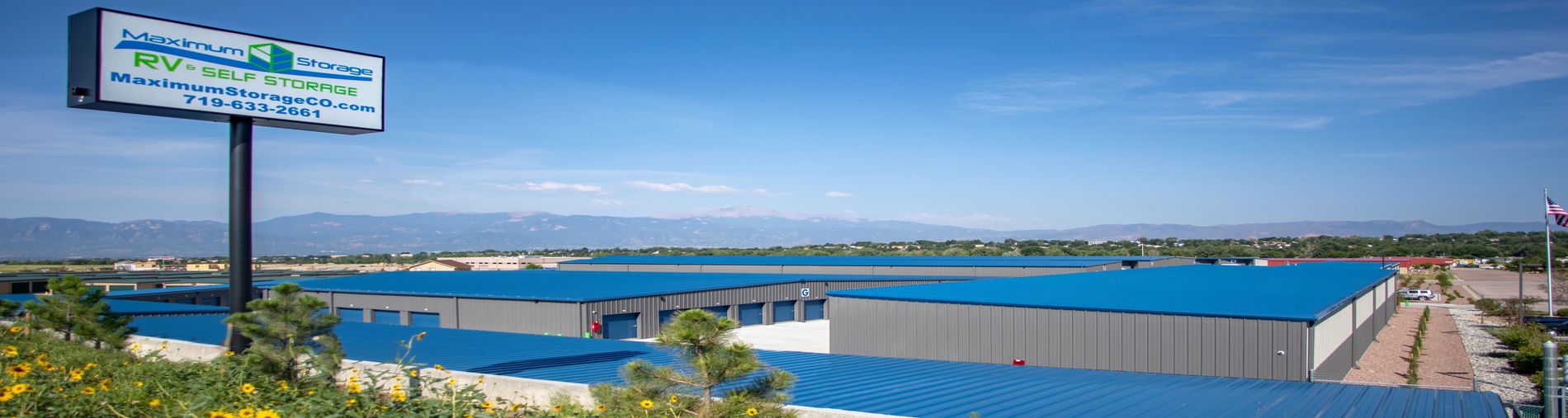 maximum storage signage and aerial view of buildings