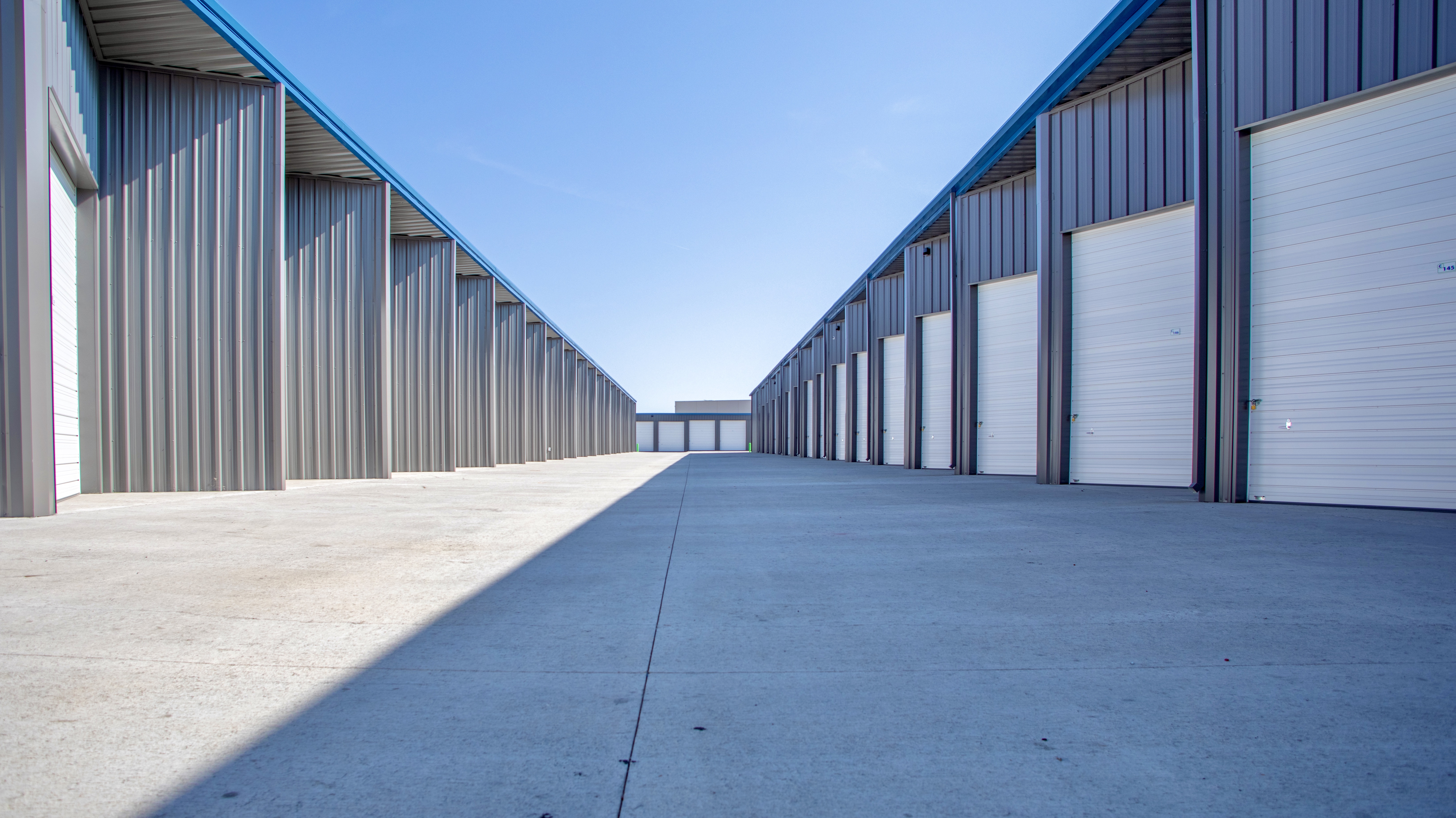 view of the wide aisles between angled storage units
