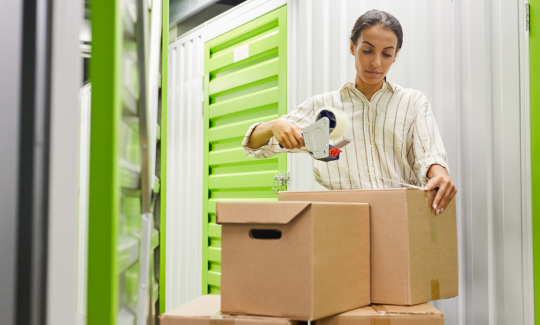 Woman taping up boxes at storage facility