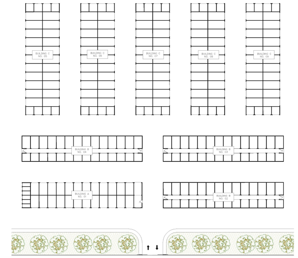 Facility rendering of Elite 325 storage. Five long, rectangular storage buildings aligned vertically over four building aligned in a two by two grid and laying horizontally.