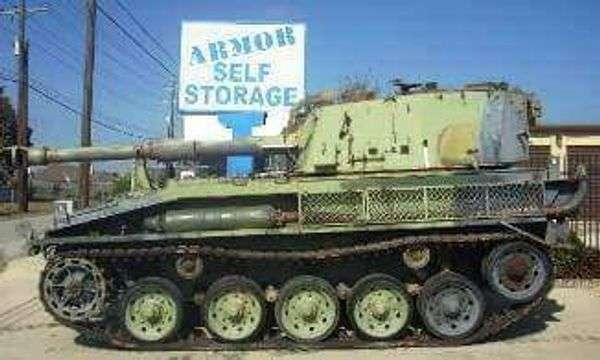 Tank parked in front of Armor Self Storage